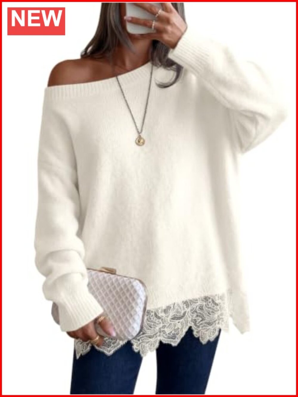 Lace Patchwork Sweater Boat Neck Long Sleeve Pullover